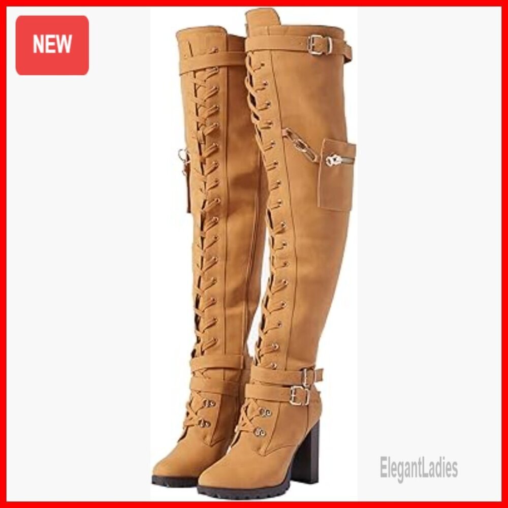 Wide Calf Thigh High Boots Chunky Heel Lace Up Combat Over The Knee